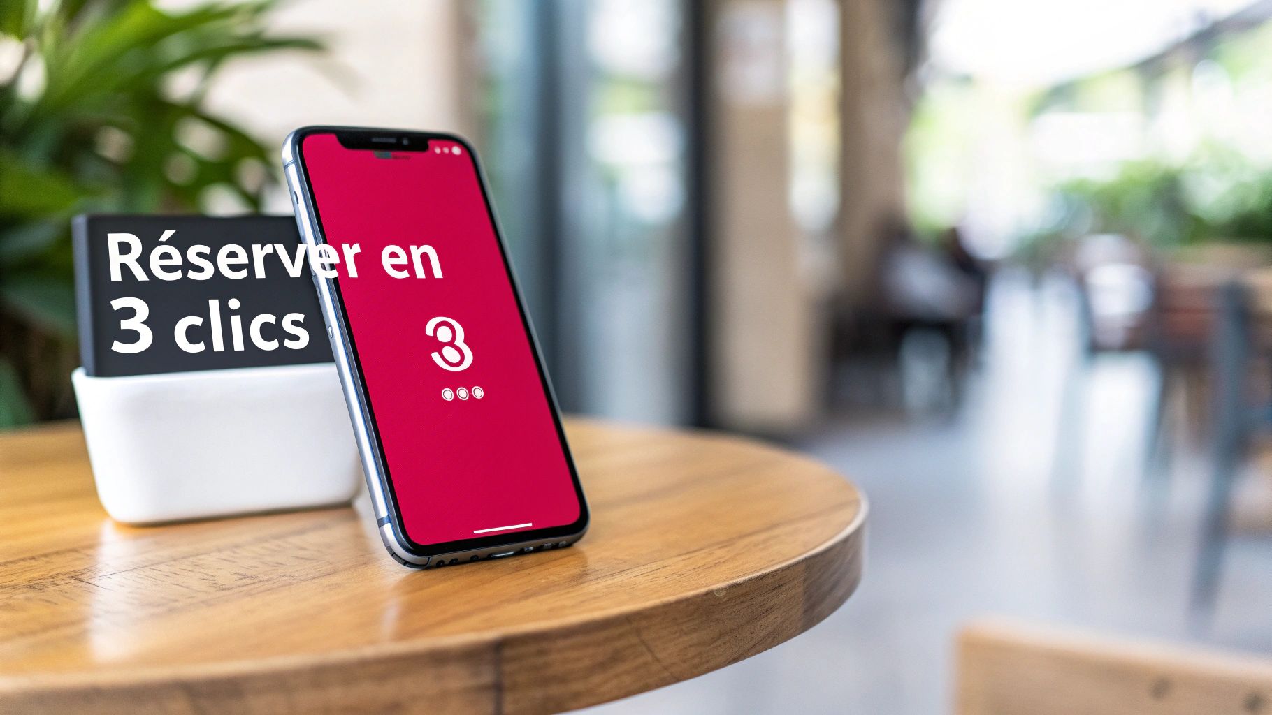 Smartphone sur une table en bois affichant une application de réservation, à côté d'une carte "Réserver en 3 clics".