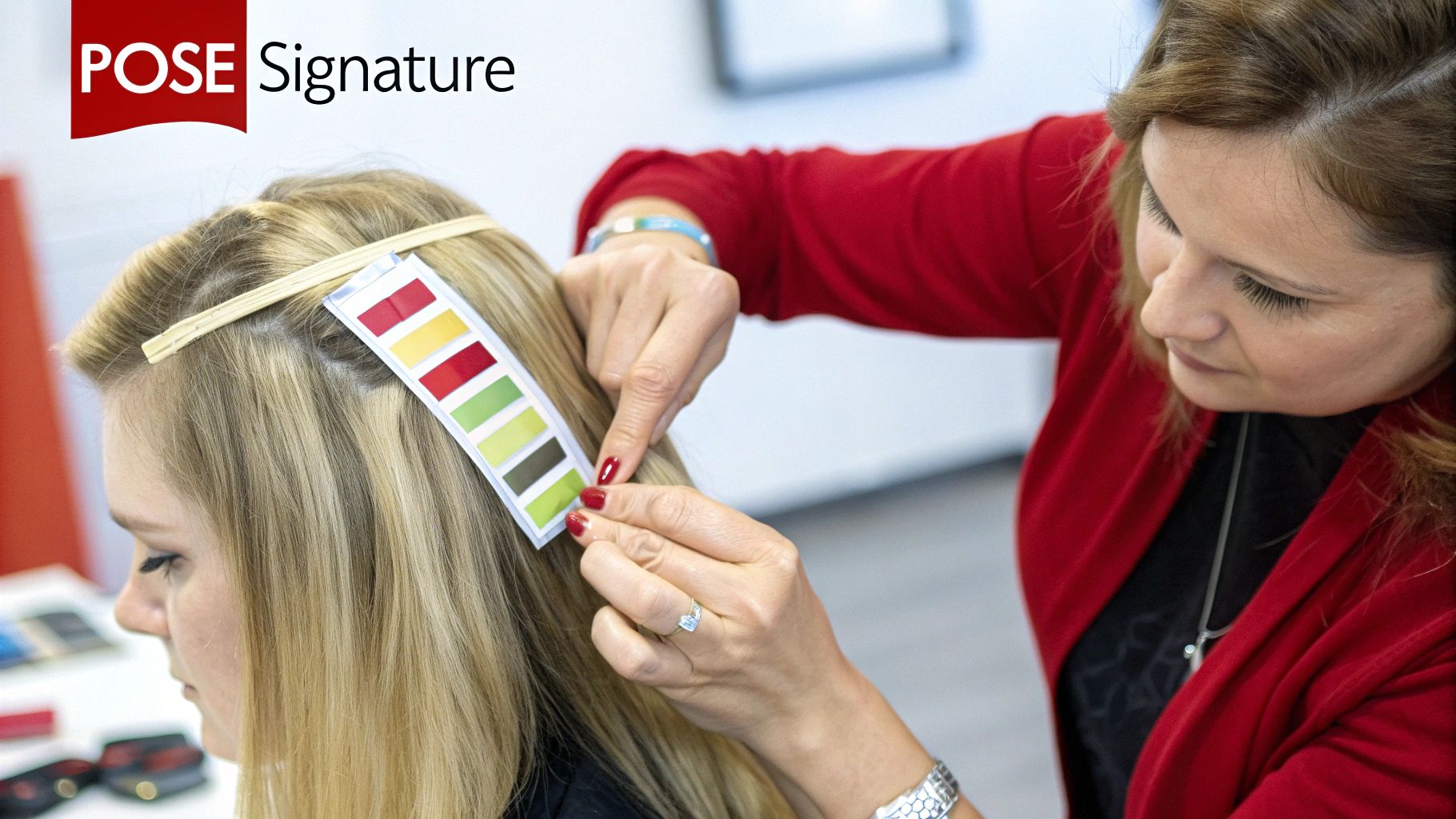 Une styliste pose une mèche de cheveux colorée sur les cheveux blonds d'une cliente, près du cuir chevelu, pour comparer les teintes. Le logo 'POSE Signature' est visible.
