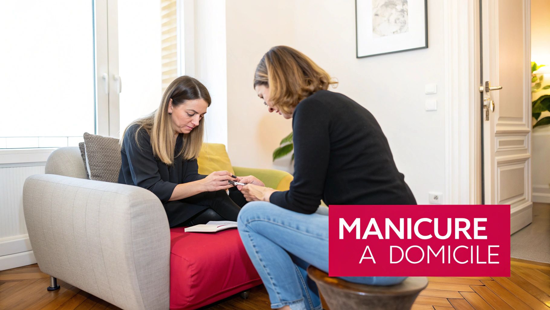 Une esthéticienne réalise une manucure à domicile pour une cliente assise dans un salon confortable.