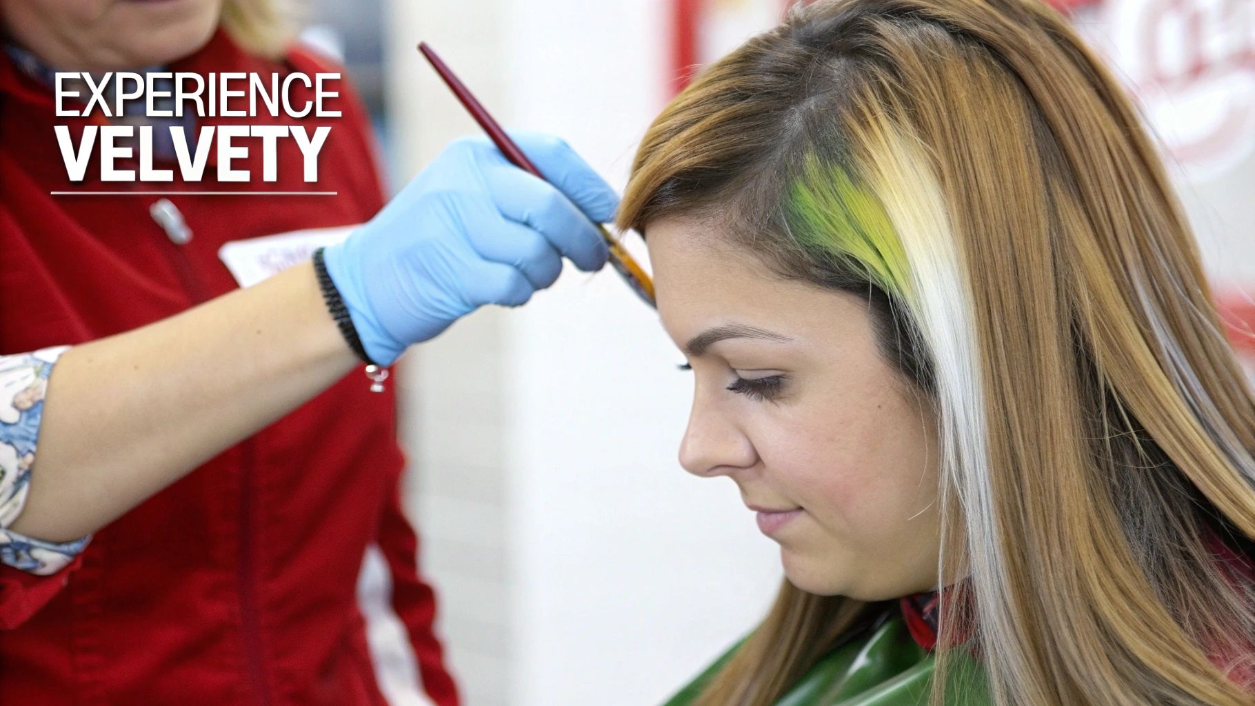 Coiffeuse en gants bleus appliquant une coloration verte sur les mèches d'une cliente, créant un balayage.