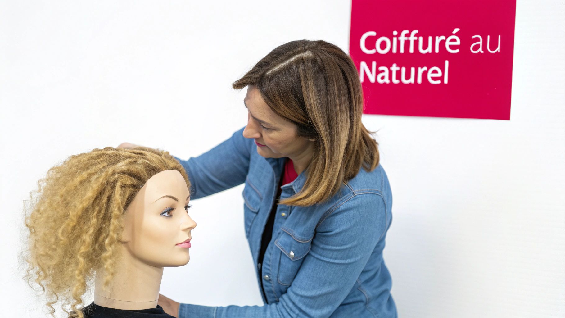 Une coiffeuse ajuste la perruque blonde bouclée d'un mannequin, devant une affiche "Coiffuré au Naturel".