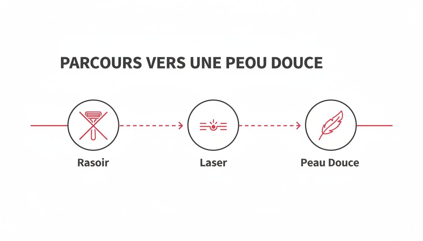Infographie montrant le parcours de l'épilation au rasoir à une peau douce grâce au laser.