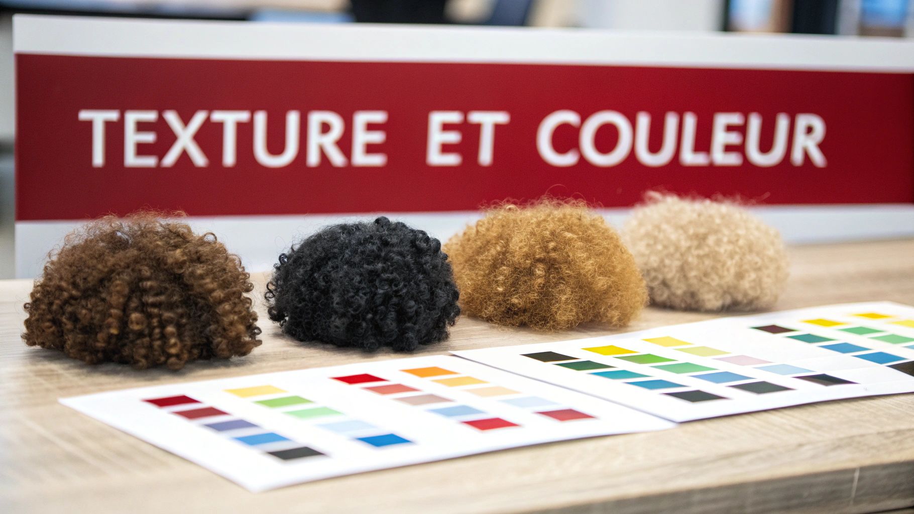 Quatre échantillons de cheveux bouclés de différentes couleurs et nuanciers sur une table en bois.