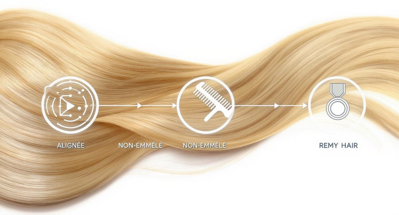 Processus de création d'extensions Remy Hair de qualité alignée et non-emmêlée avec peigne