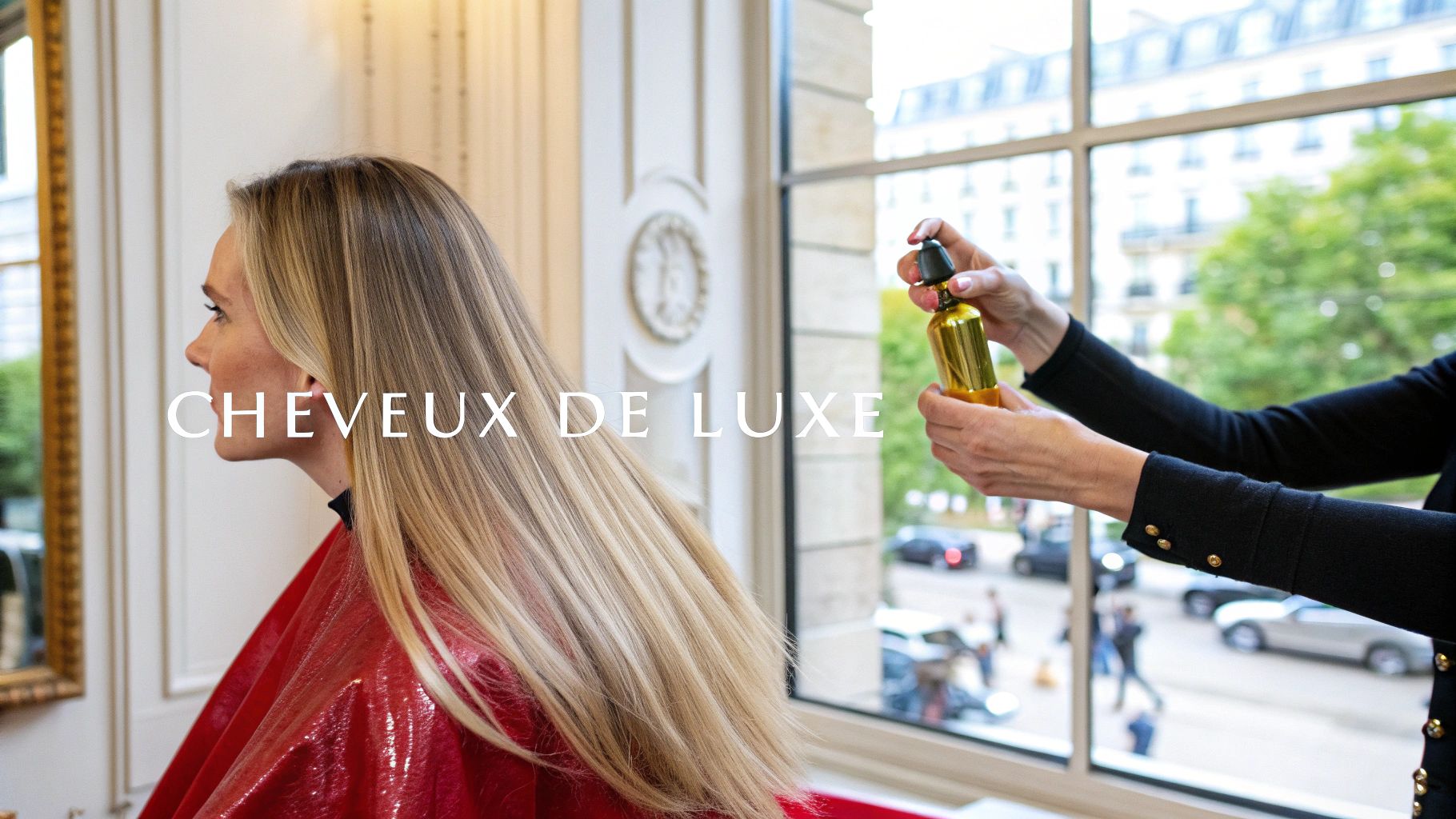 Femme aux cheveux blonds longs dans un salon de luxe, recevant un soin capillaire.