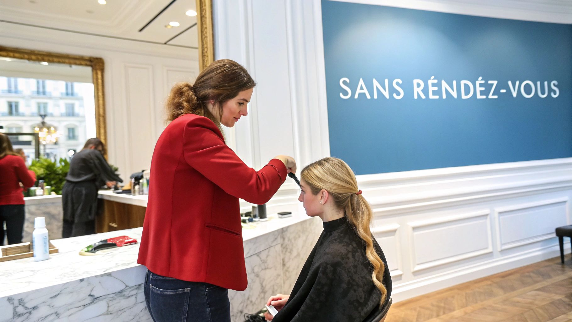 Une coiffeuse aux cheveux bruns coiffe les longs cheveux blonds d'une cliente dans un salon moderne avec un panneau "Sans Rendez-vous".