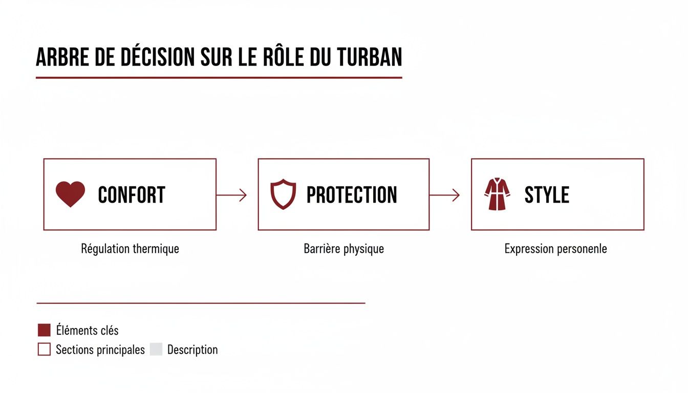 Un arbre de décision sur le rôle du turban, présentant le confort, la protection et le style comme éléments clés.