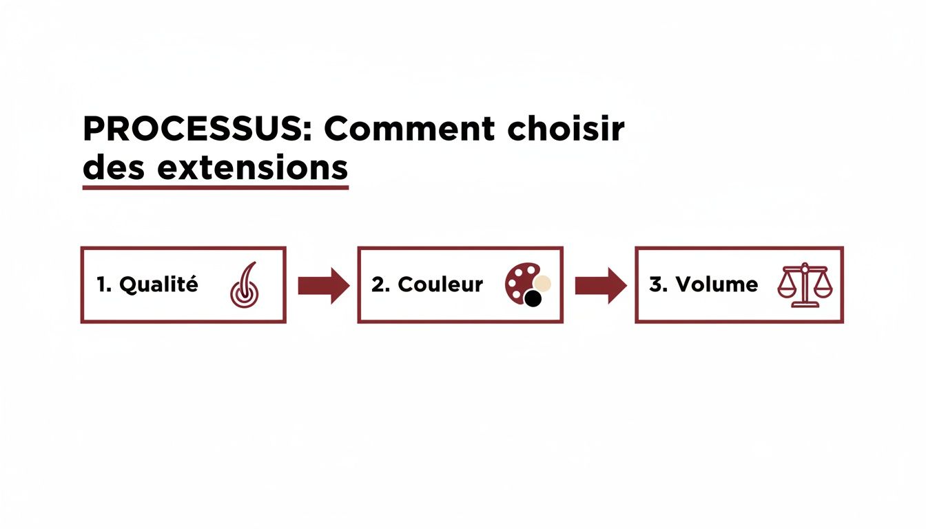 Diagramme en 3 étapes expliquant comment choisir des extensions capillaires: Qualité, Couleur, puis Volume.