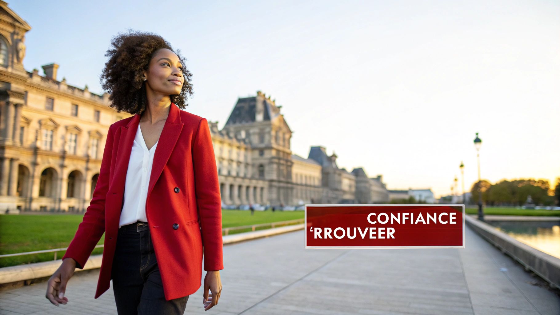 Une femme noire souriante, vêtue d'un blazer rouge, marche devant le Louvre au coucher du soleil.