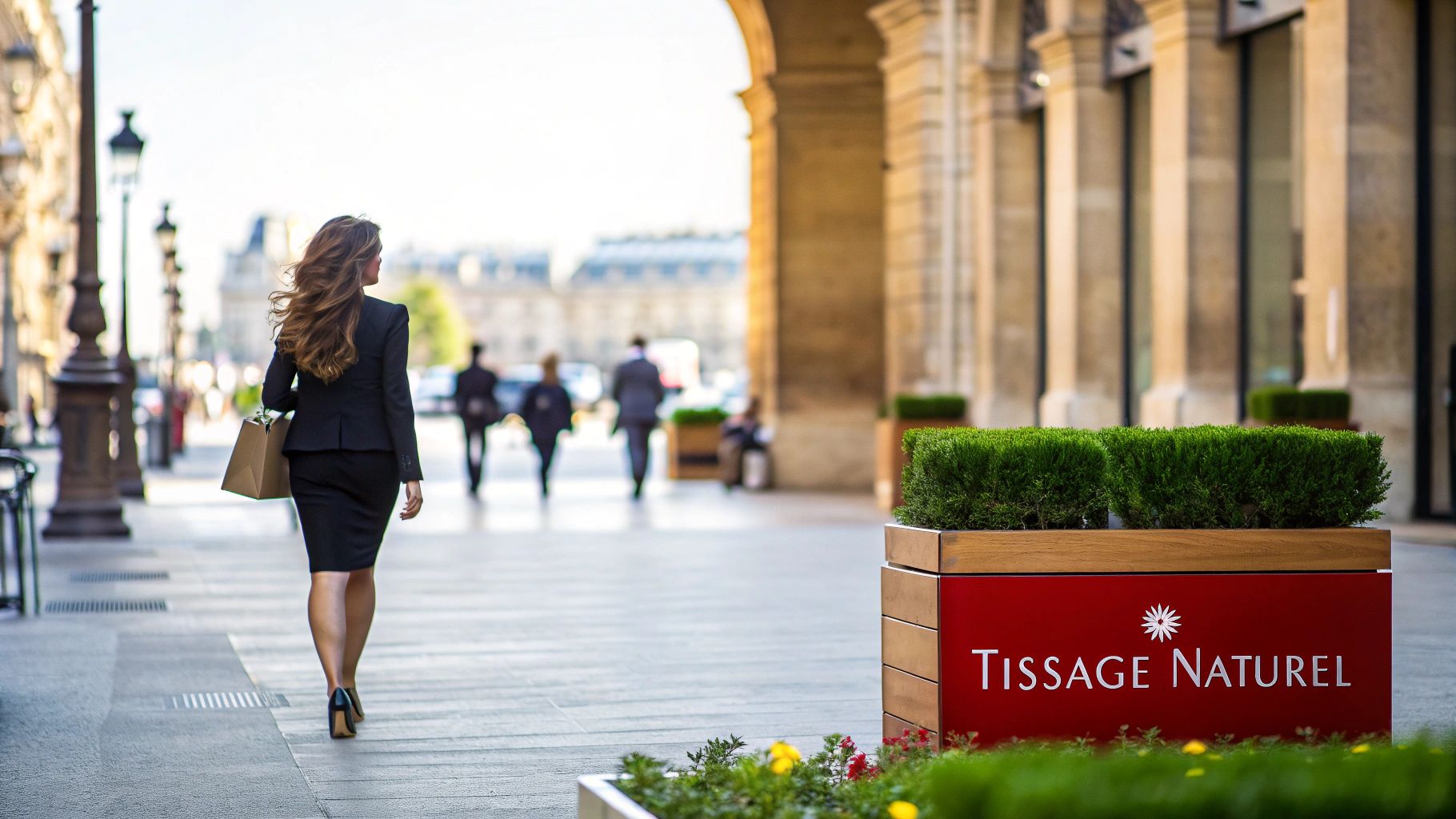 Femme aux longs cheveux ondulés marchant en ville, portant un sac, devant la marque TISSAGE NATUREL.