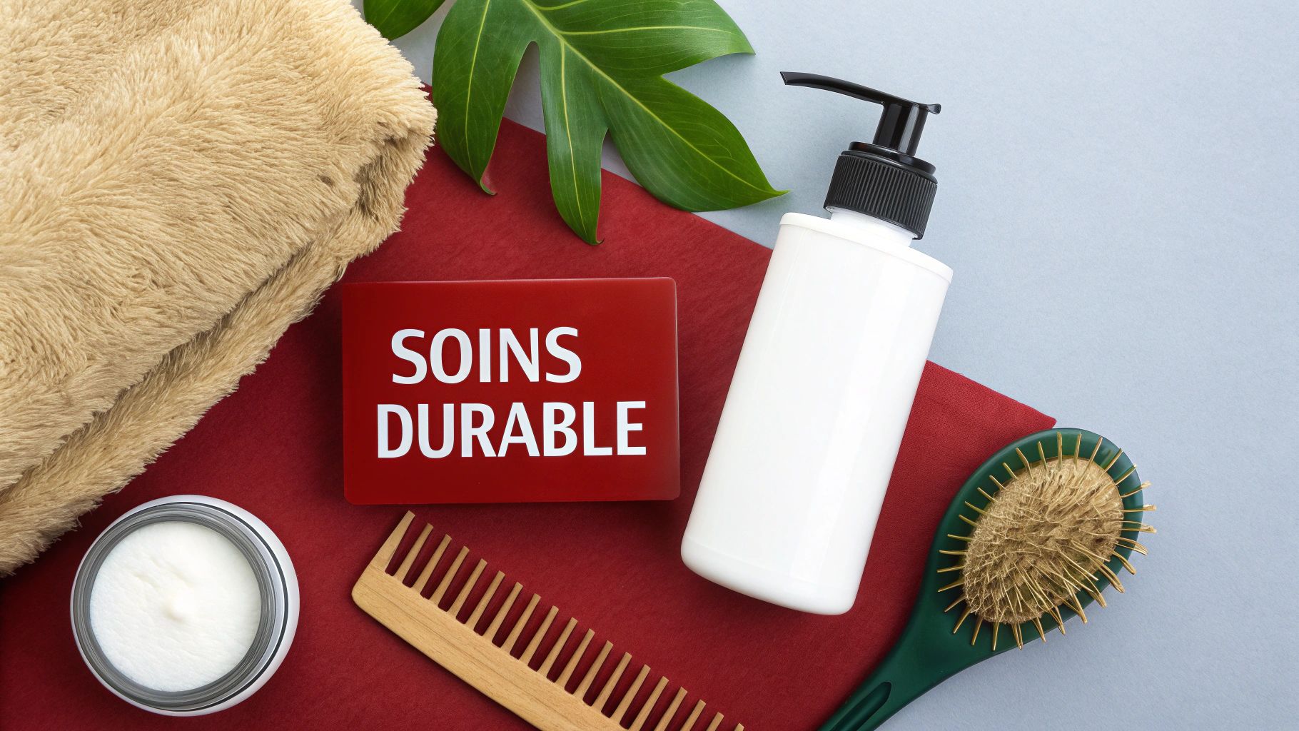 Une composition à plat d'articles de soins capillaires durables, dont une serviette, une bouteille pompe, un pot de crème, un peigne et une brosse sur fond rouge et bleu.