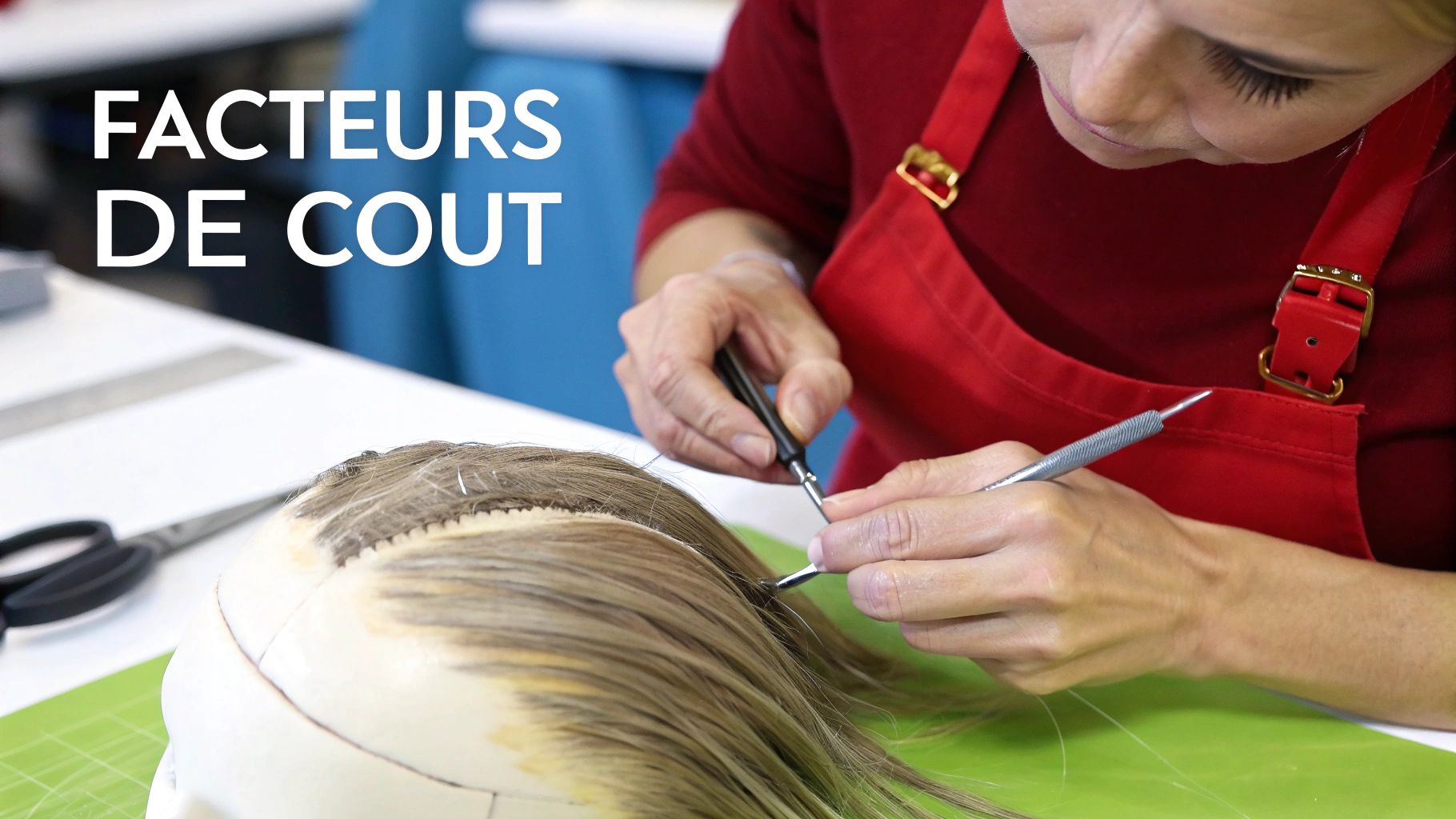 Femme en tablier rouge fabriquant une perruque sur une tête de mannequin avec des outils, texte « FACTEURS DE COUT ».