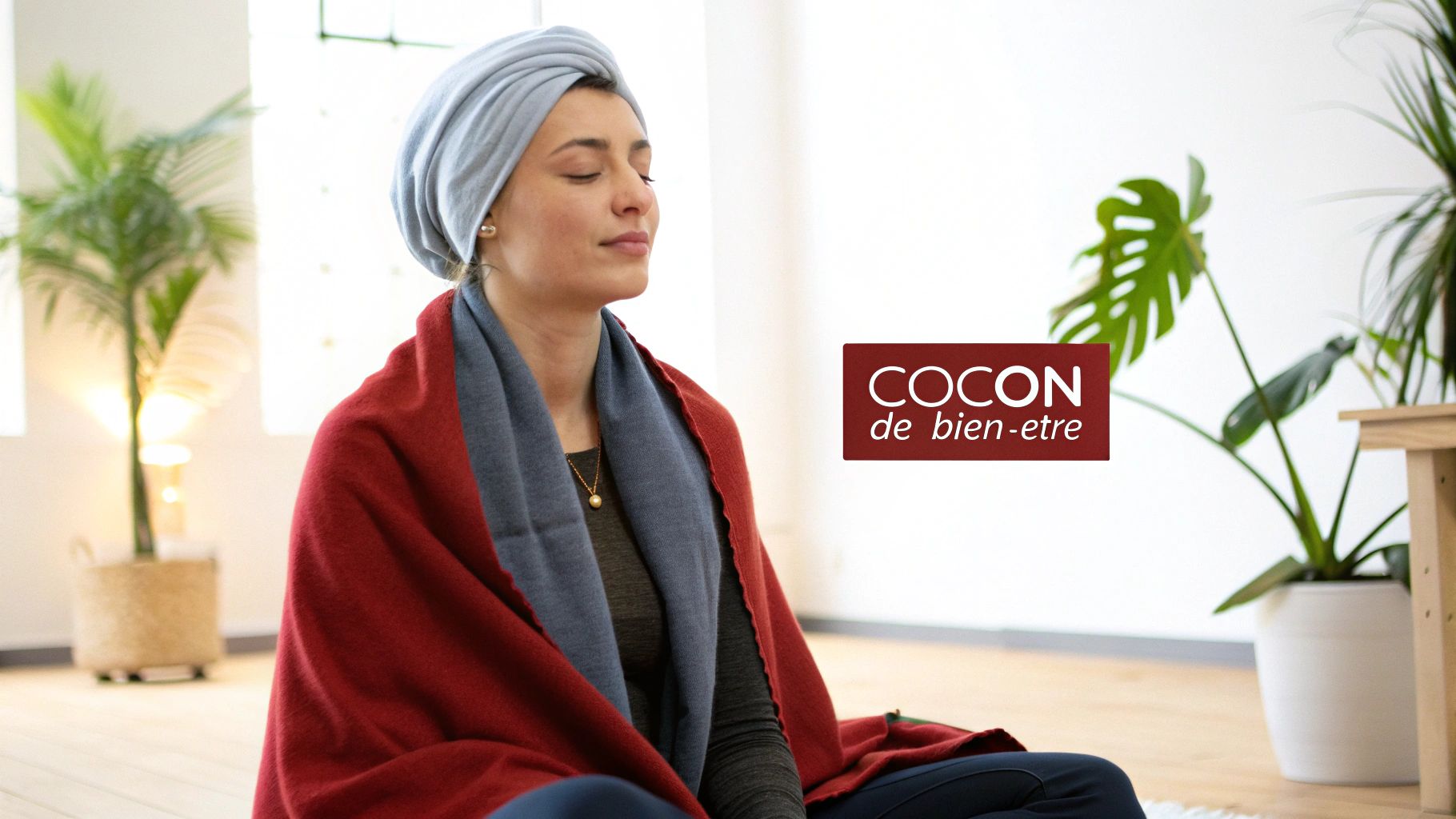 Femme sereine portant un turban bleu et une couverture rouge, méditant dans un environnement paisible.