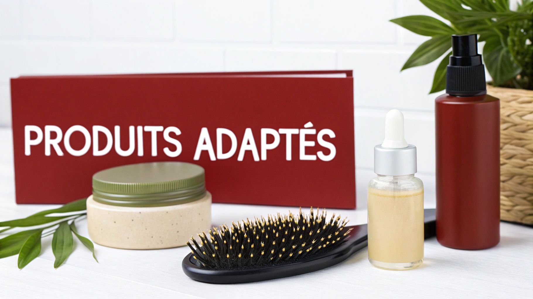 Produits de soin capillaire professionnels sur une étagère de salon.