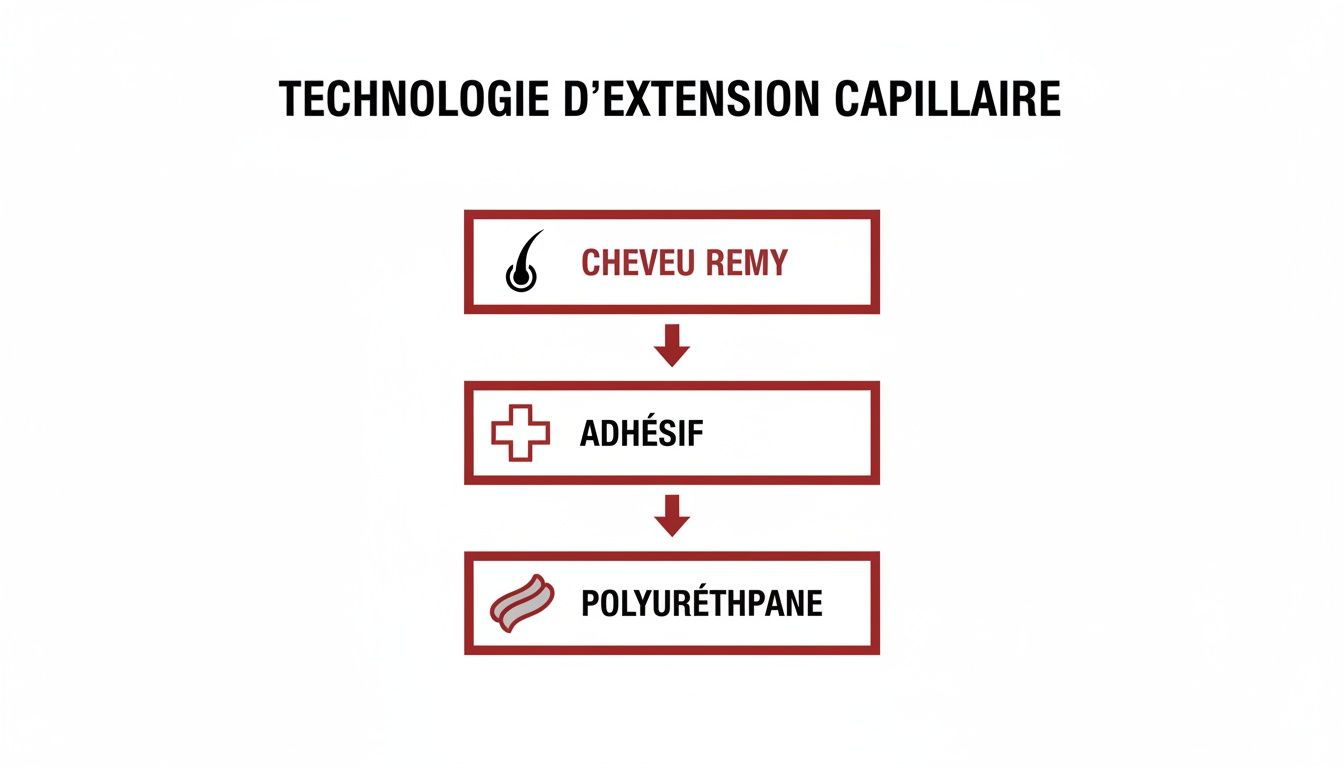 Diagramme illustrant la technologie d'extension capillaire avec les étapes: cheveu Remy, adhésif et polyuréthane.