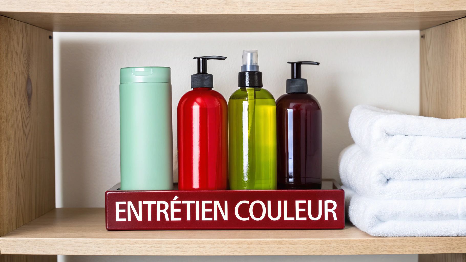 Flacons de produits capillaires rouges, verts et menthe, avec serviettes blanches et une pancarte 'ENTRETIEN COULEUR' sur une étagère en bois.
