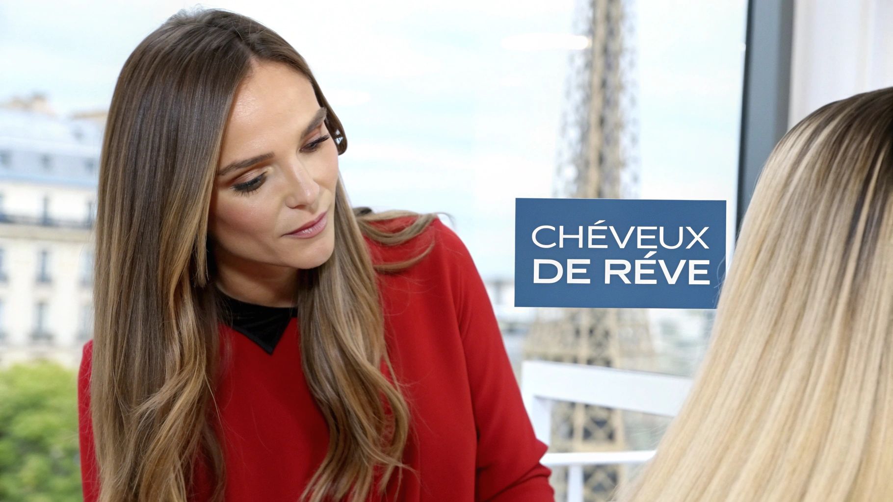 Une femme aux longs cheveux blonds ondulés, illustrant le résultat parfait d'une extension a clip cheveux naturel