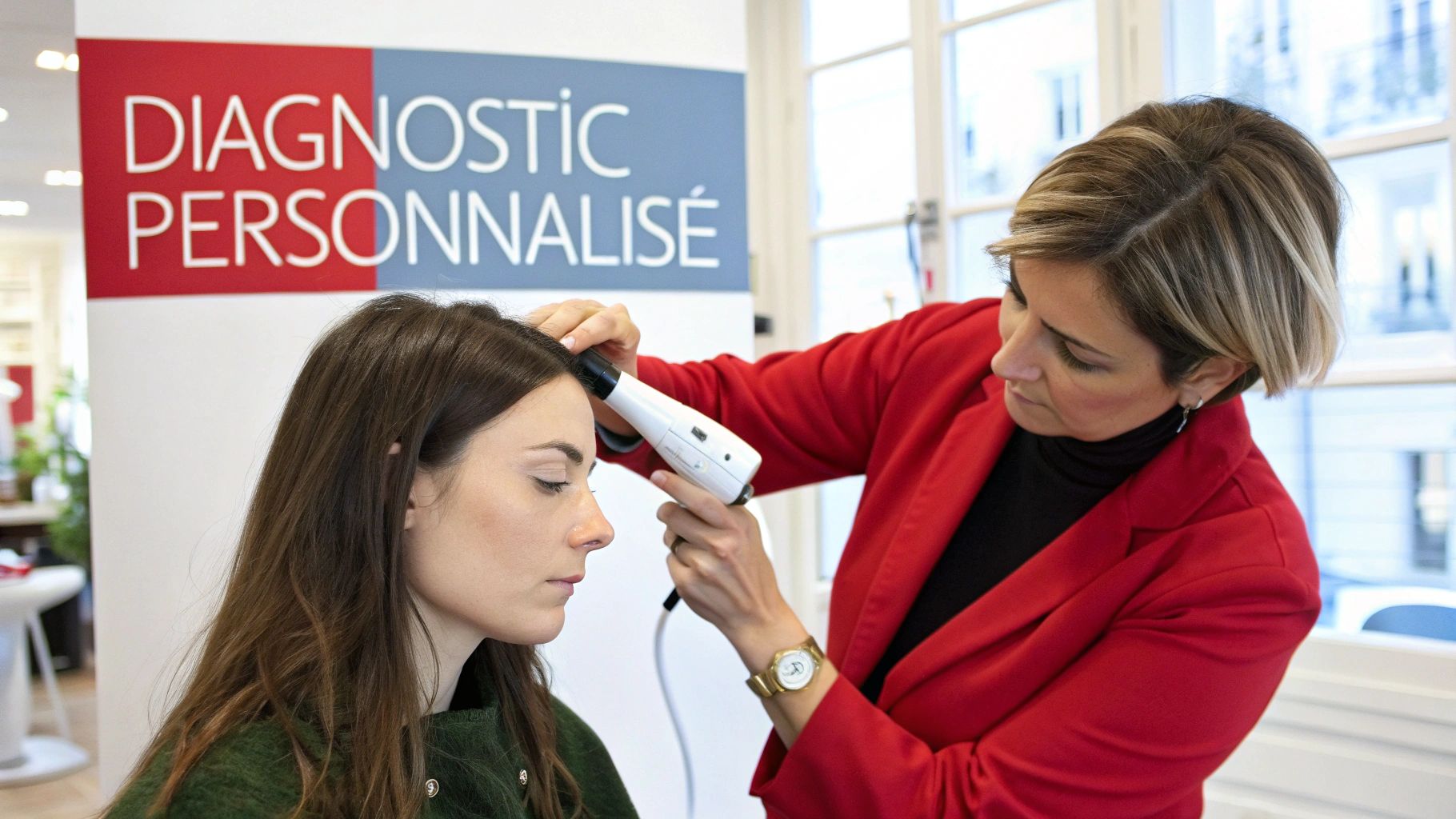 Une styliste experte examine attentivement les cheveux d'une cliente dans un salon de luxe