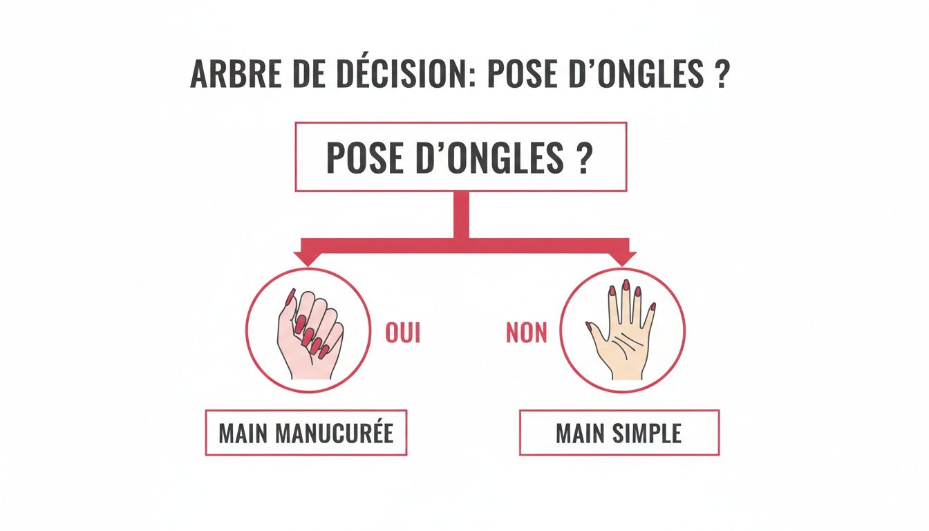 Un diagramme de décision illustrant le choix de la pose d'ongles, menant à une main manucurée ou simple.