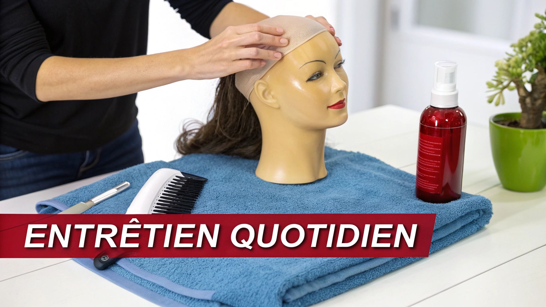 Main plaçant une perruque lace frontal sur une tête de mannequin pour démonstration d'entretien quotidien
