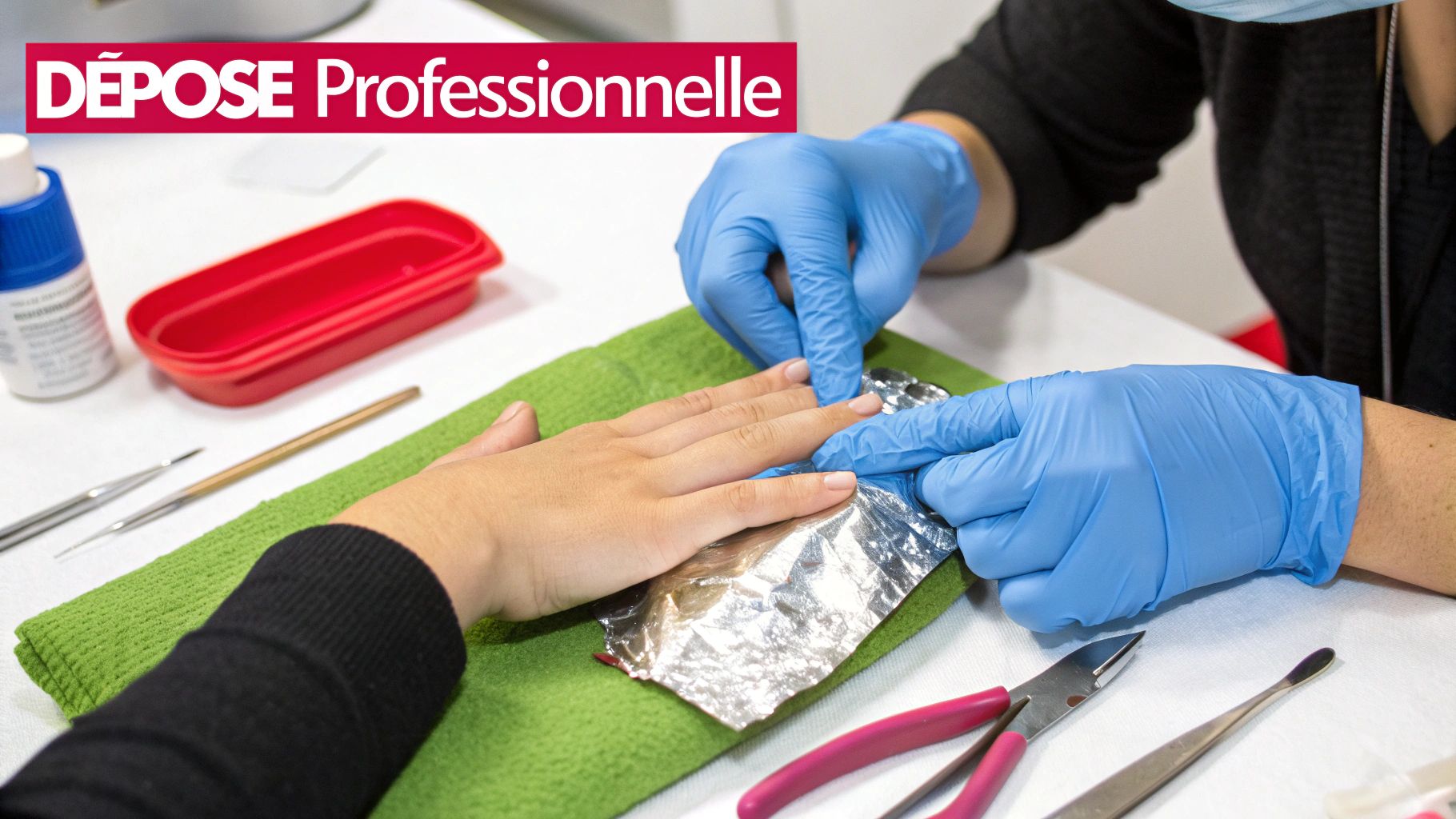 Technicienne en manucure professionnelle appliquant du vernis semi-permanent sur les ongles d'une cliente