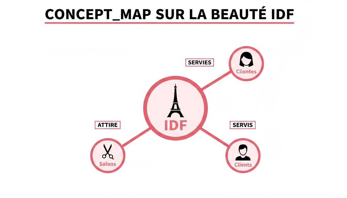 Carte conceptuelle de la beauté en IDF, illustrant les clients, clientes et salons de coiffure.