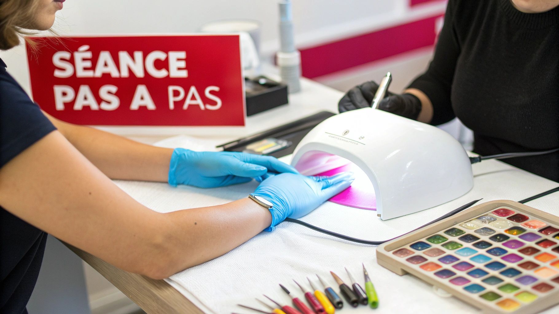 Une personne gantée de bleu place sa main sous une lampe UV lors d'une séance de vernis semi-permanent.