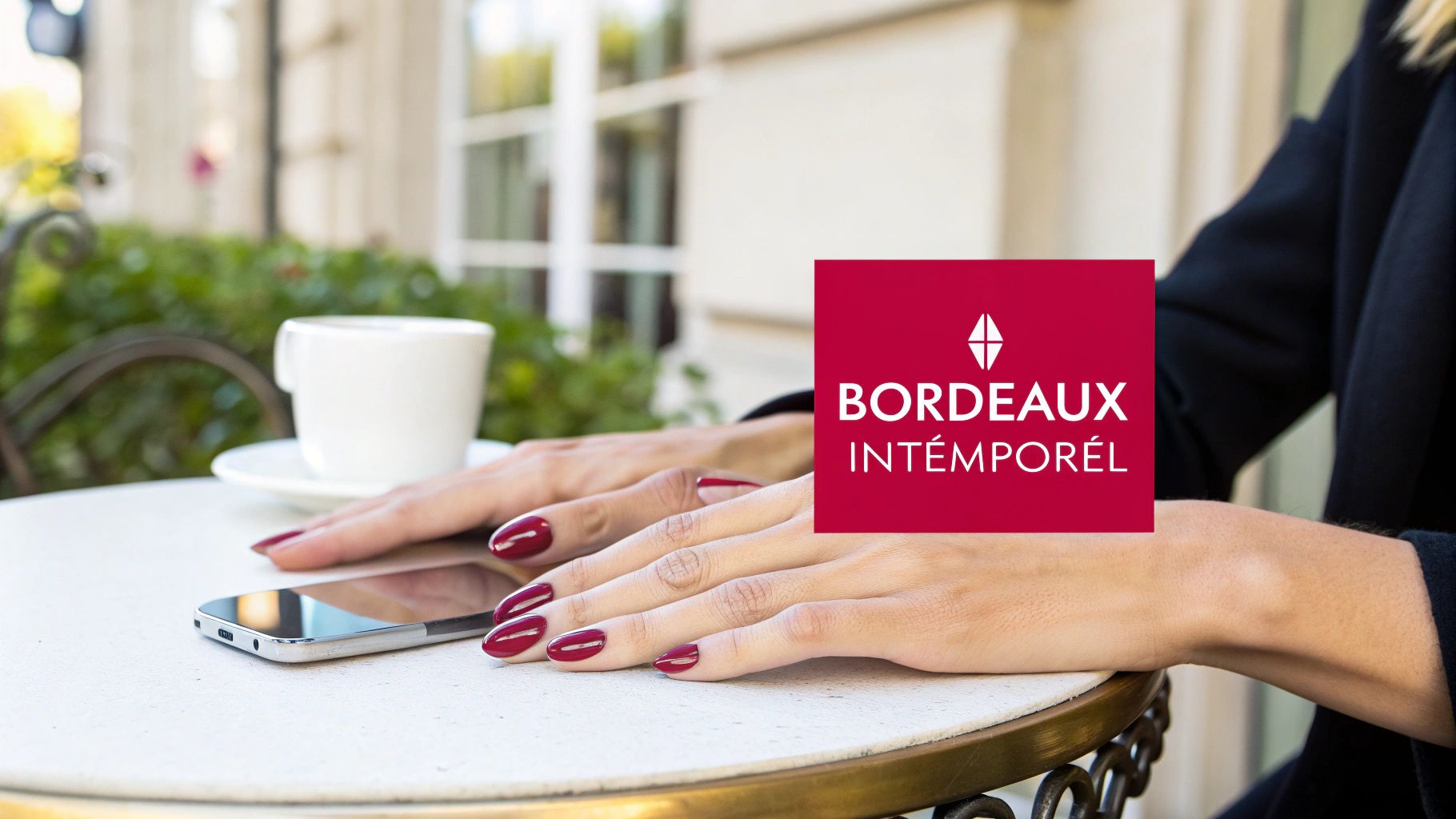 Mains manucurées avec des ongles gel bordeaux sur une table de café avec un smartphone et une tasse.