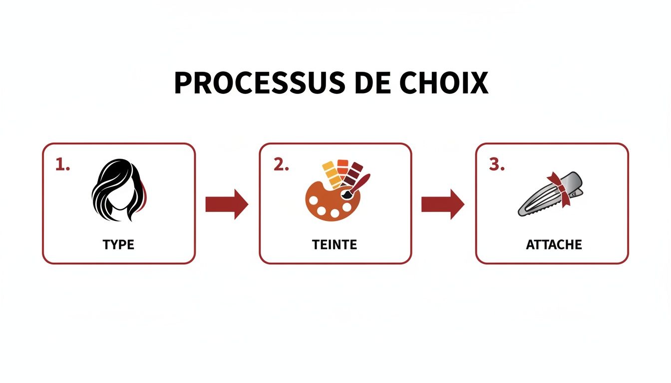 Diagramme de processus pour choisir une perruque ou un postiche : type de cheveux, teinte et attache.