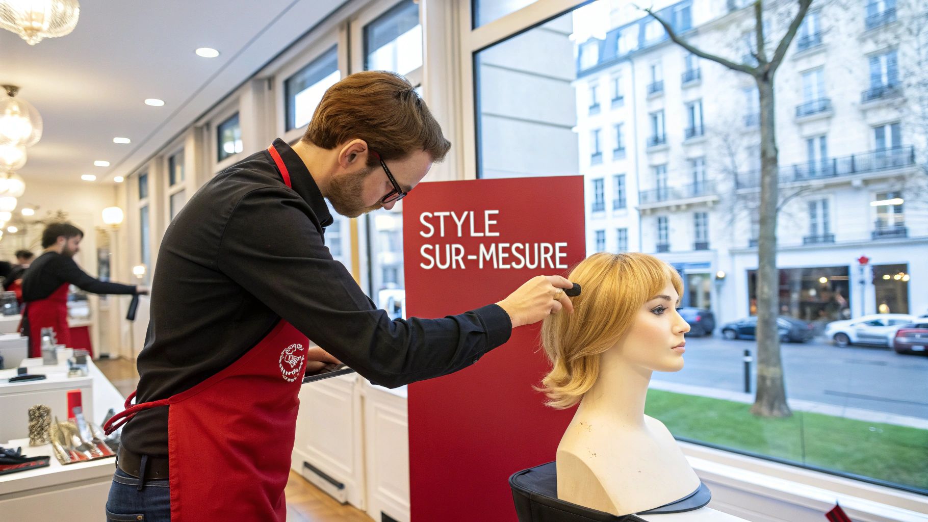 Une styliste experte personnalisant la coupe d'une perruque en cheveux humains sur une cliente dans un salon de luxe.