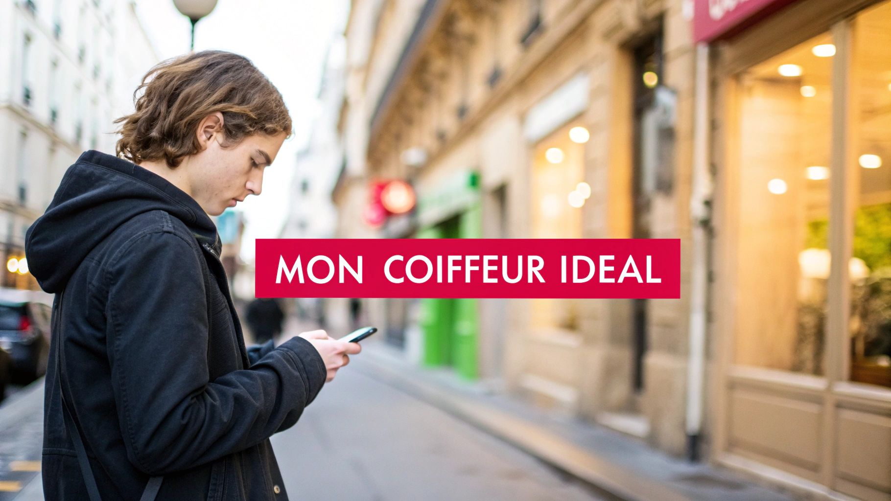 Jeune homme utilise son téléphone portable en ville, avec une bannière rouge indiquant 'MON COIFFEUR IDEAL'.