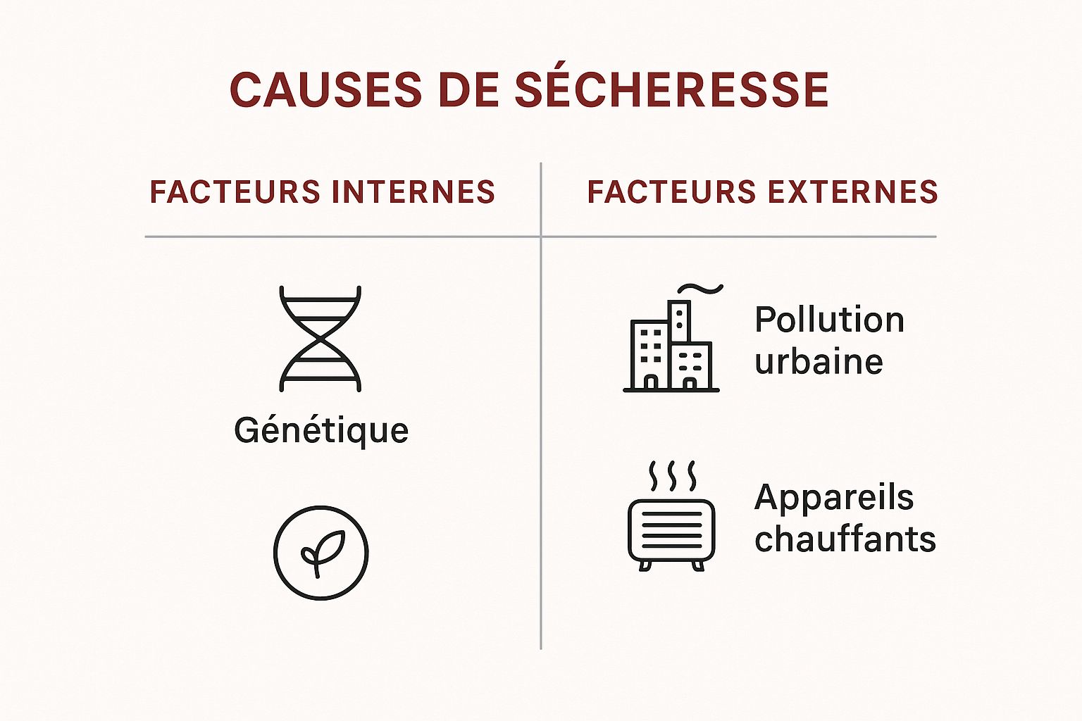 Infographie sur les causes de la sécheresse capillaire, montrant les facteurs internes comme la génétique et les facteurs externes comme la pollution et les appareils chauffants.