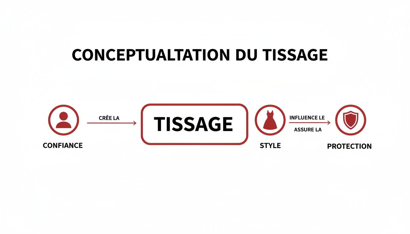 Diagramme conceptuel montrant comment le tissage crée la confiance, influence le style et assure la protection.