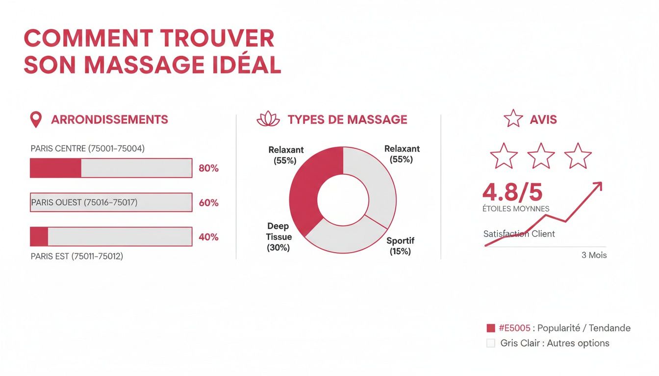 Infographie détaillée sur les préférences de massage à Paris par arrondissement, types et avis clients.