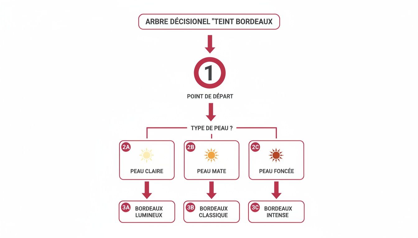 Arbre décisionnel pour choisir la teinte bordeaux idéale selon le type de peau : claire, mate ou foncée.