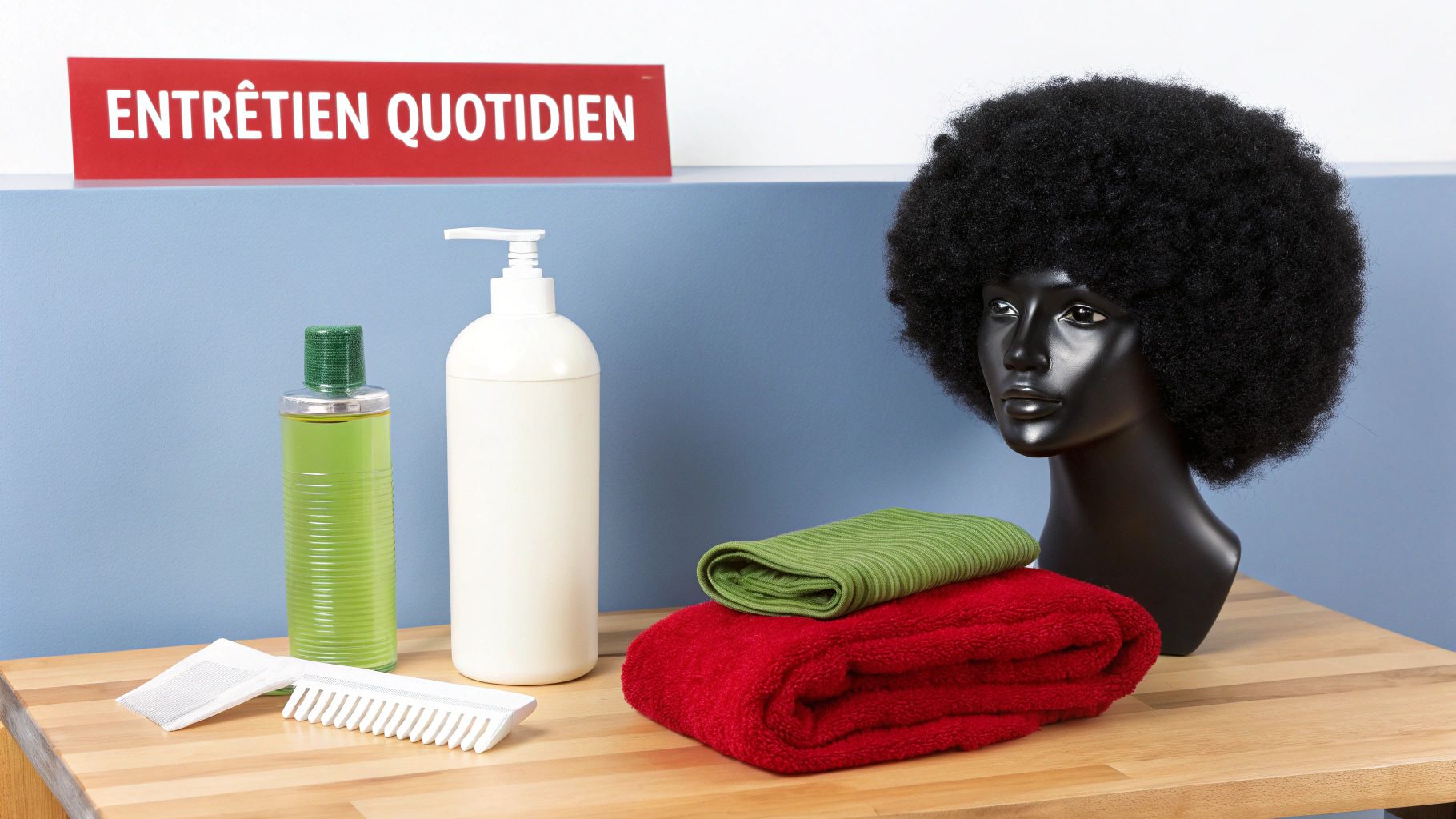 Tête de mannequin avec perruque afro, produits capillaires, serviettes et peigne pour entretien quotidien.