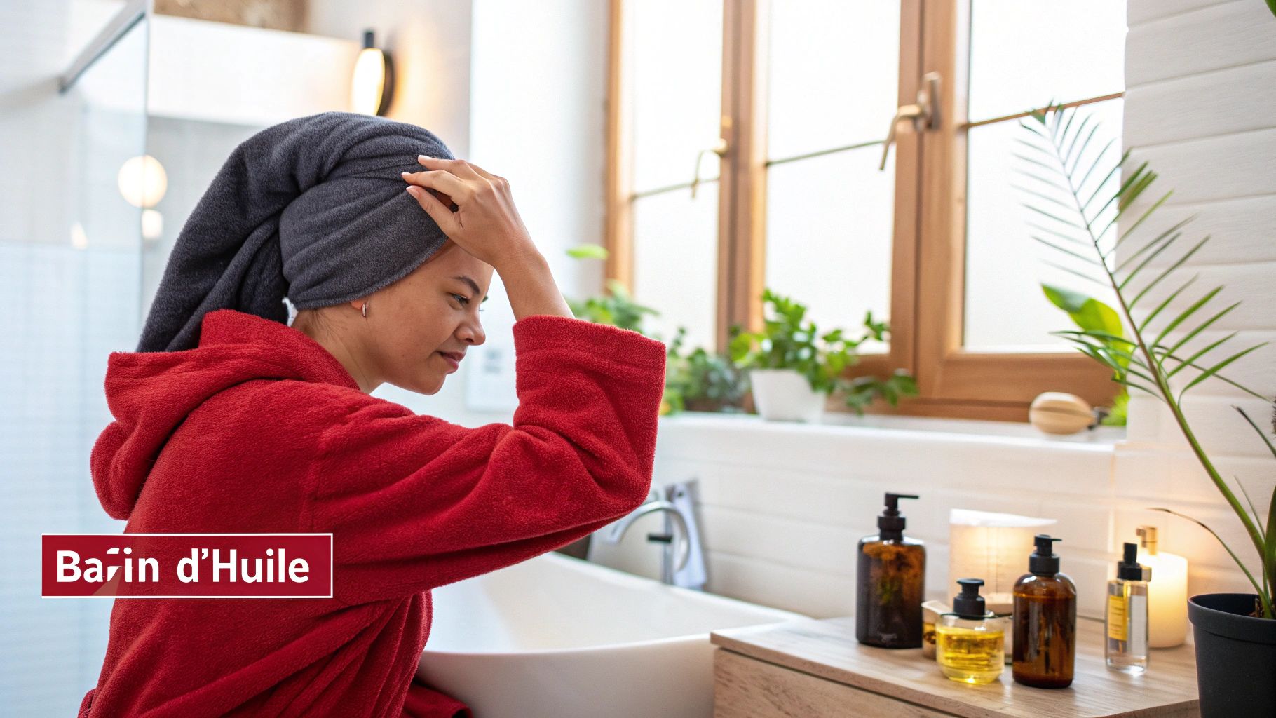 Une femme appliquant délicatement de l'huile sur ses cheveux dans un cadre relaxant.
