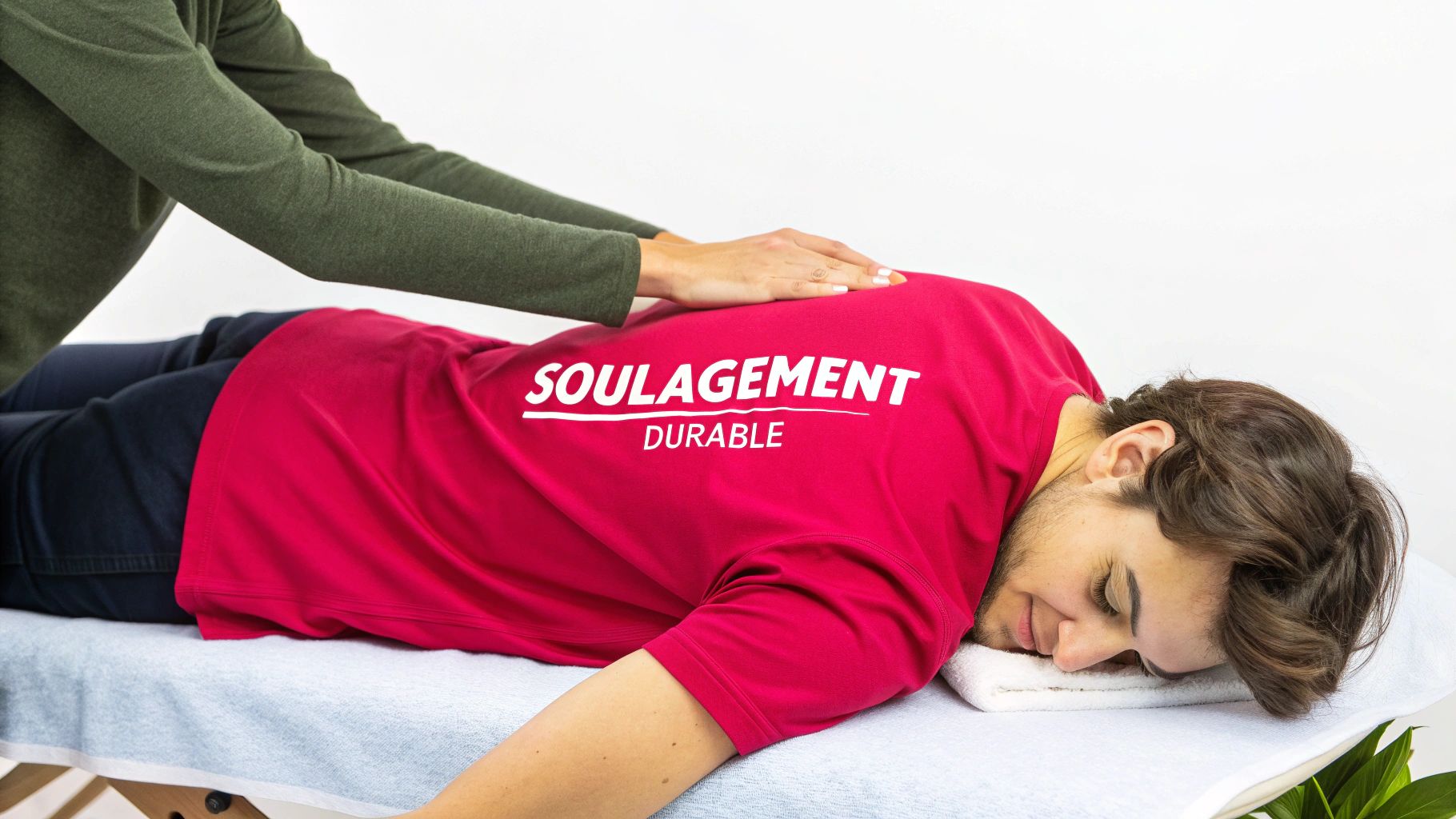 Séance de massage du dos professionnelle, praticienne appliquant une technique de soulagement sur patiente allongée