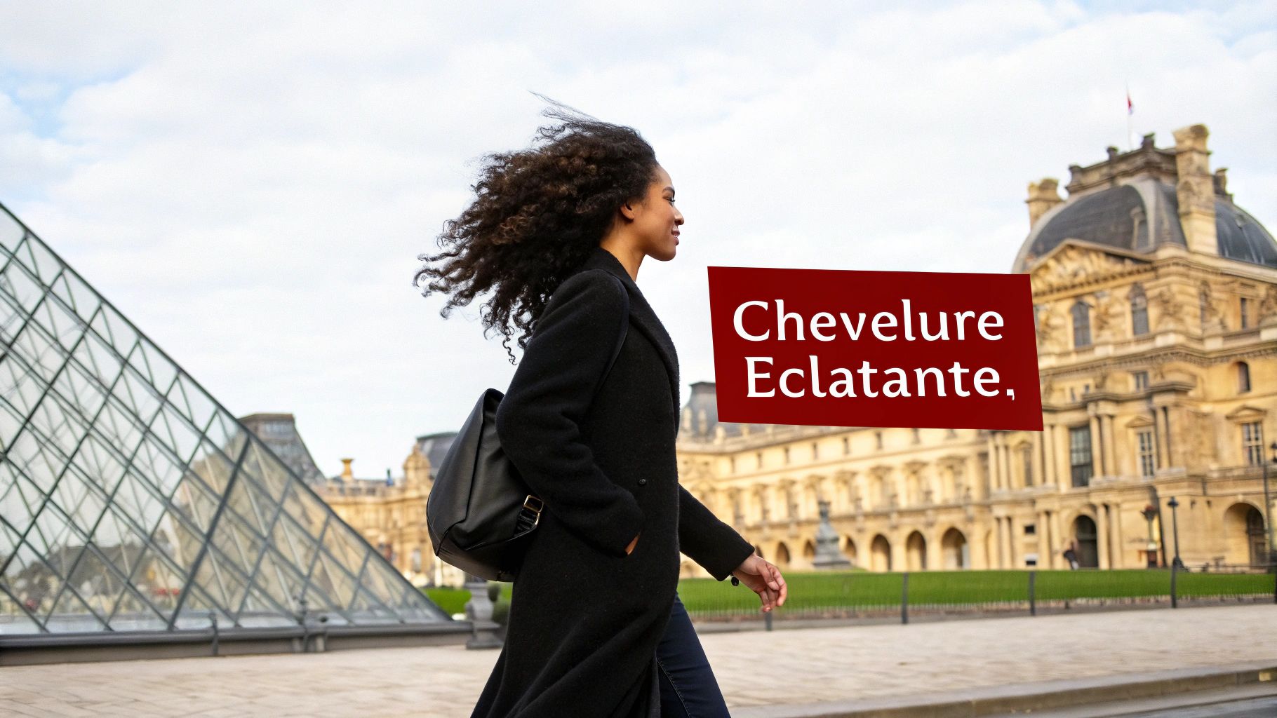 Femme aux cheveux longs et sains souriant dans un cadre parisien