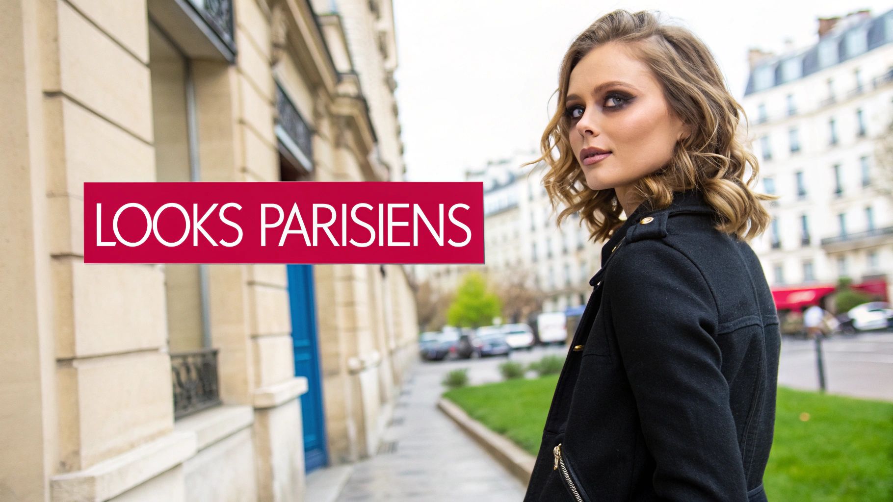 Femme élégante avec coiffure ondulée et maquillage sophistiqué dans les rues de Paris