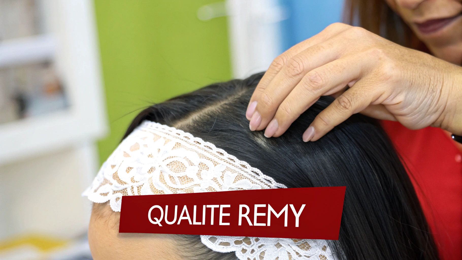Main touchant les cheveux foncés d'une personne portant un bandeau en dentelle blanche, avec la mention 'QUALITE REMY'.
