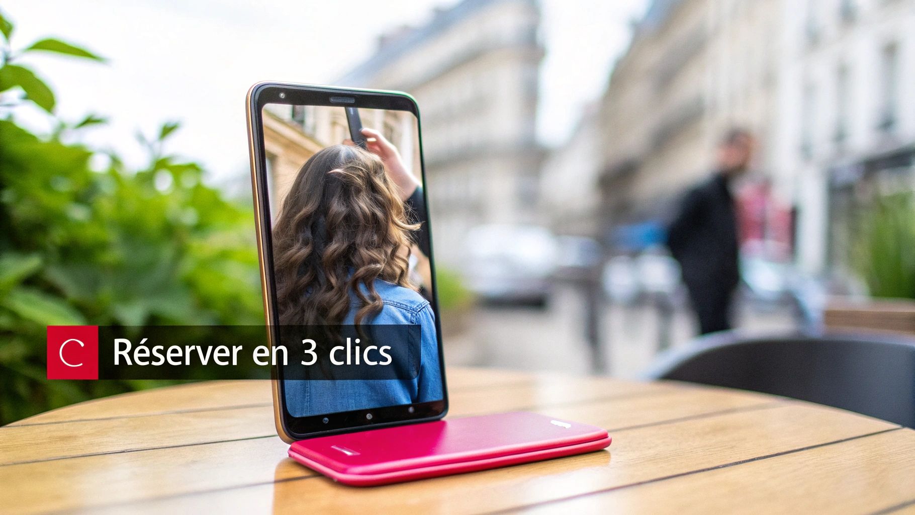 Smartphone affichant une femme aux cheveux bouclés, posé sur une table avec un autre téléphone rouge. Texte: 'Réserver en 3 clics'.