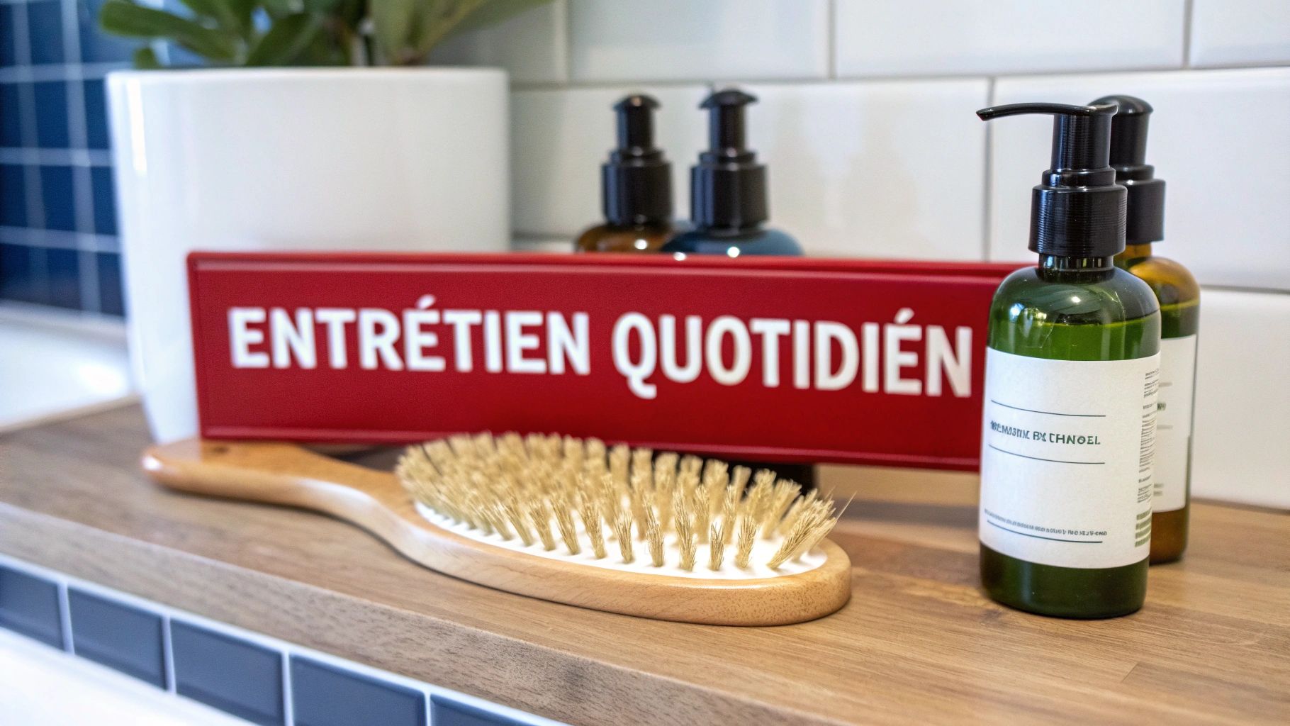 Produits de soins personnels, brosse en bois et panneau rouge "ENTRETIEN QUOTIDIEN" sur une étagère en bois.