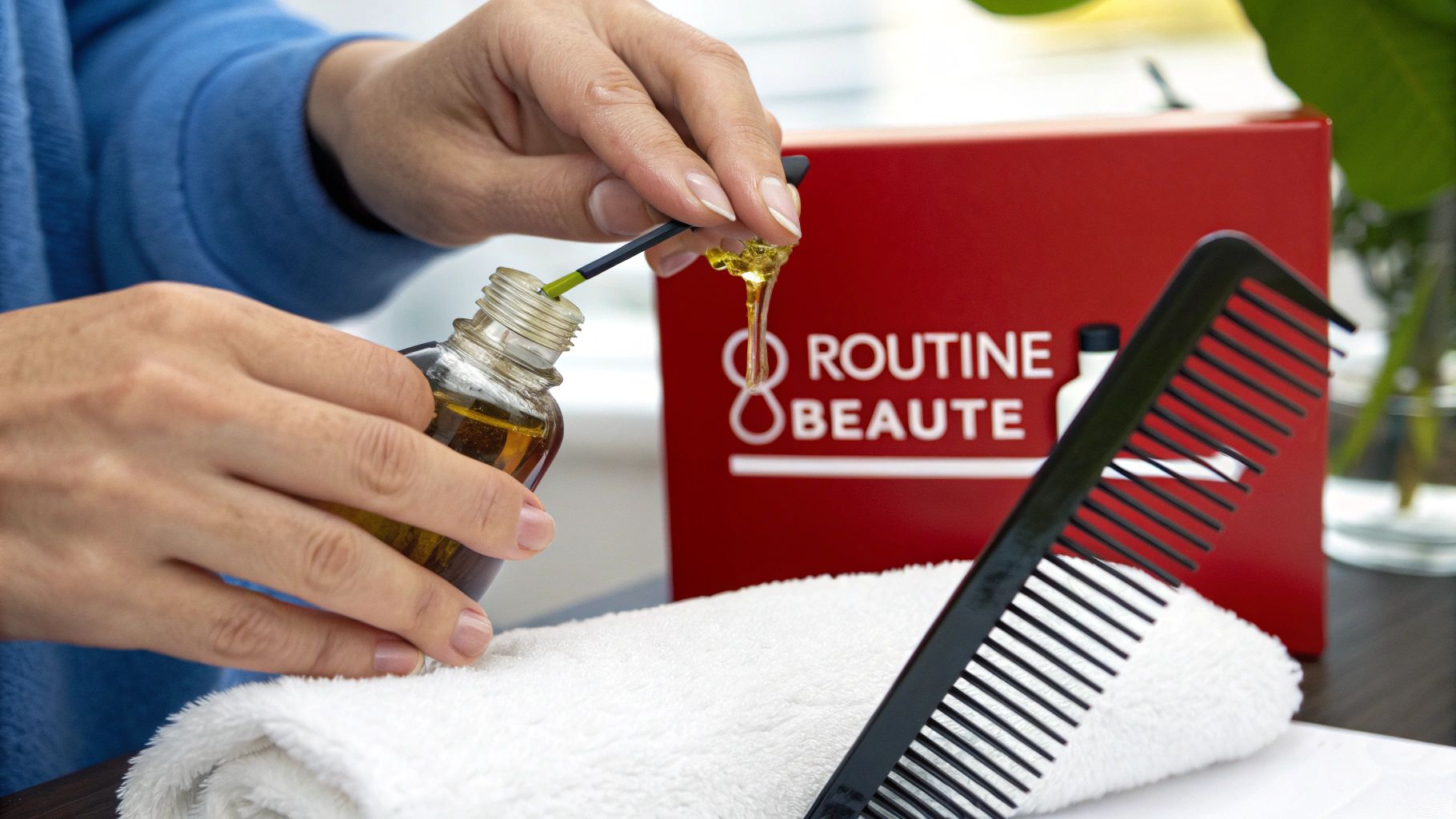Une personne applique de l'huile capillaire dorée avec un applicateur, près d'une serviette, d'un peigne et d'une boîte Routine Beauté.