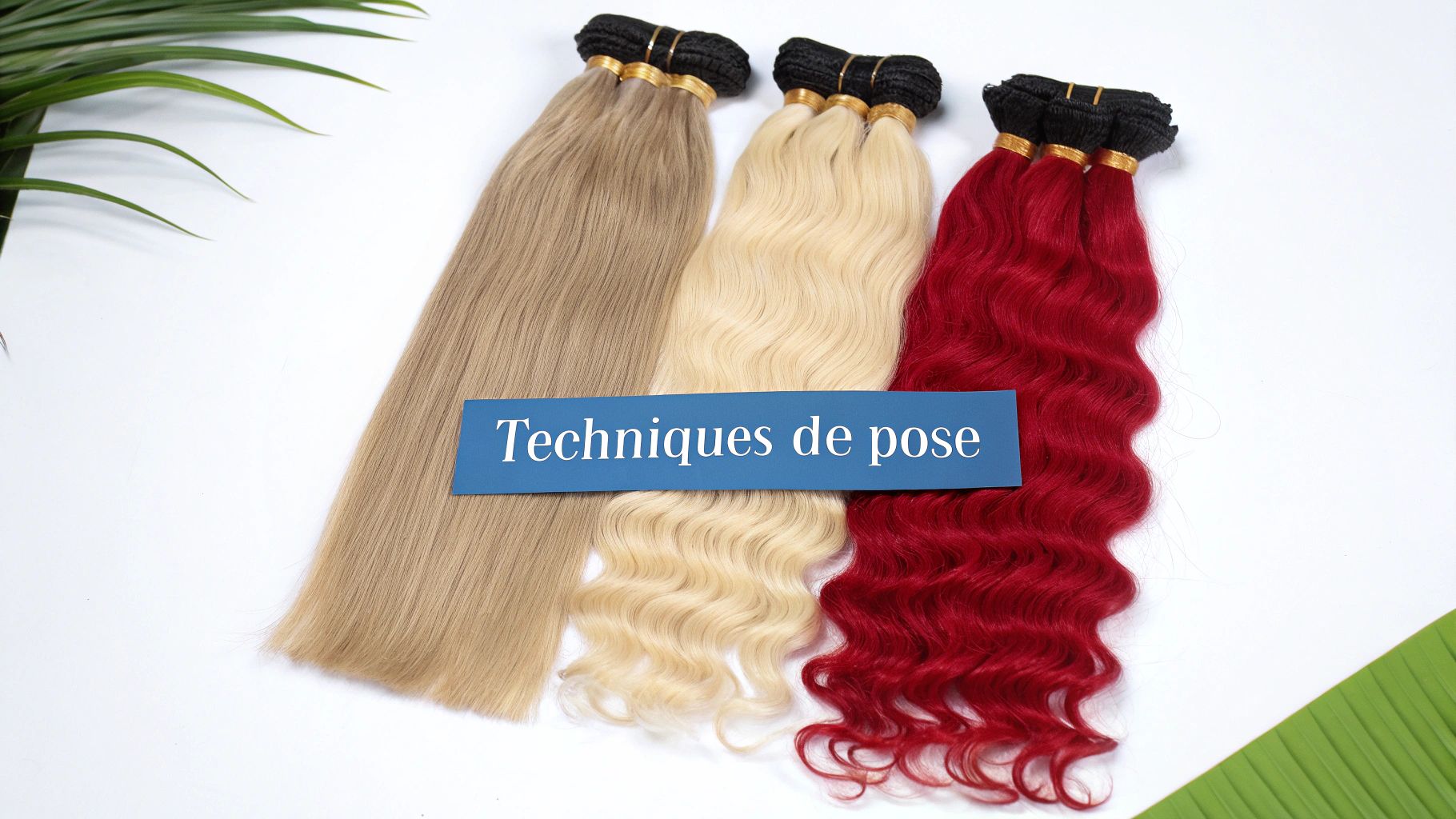 Extensions de cheveux blonds, platine et rouges, lisses et ondulées, avec bandeau "Techniques de pose".