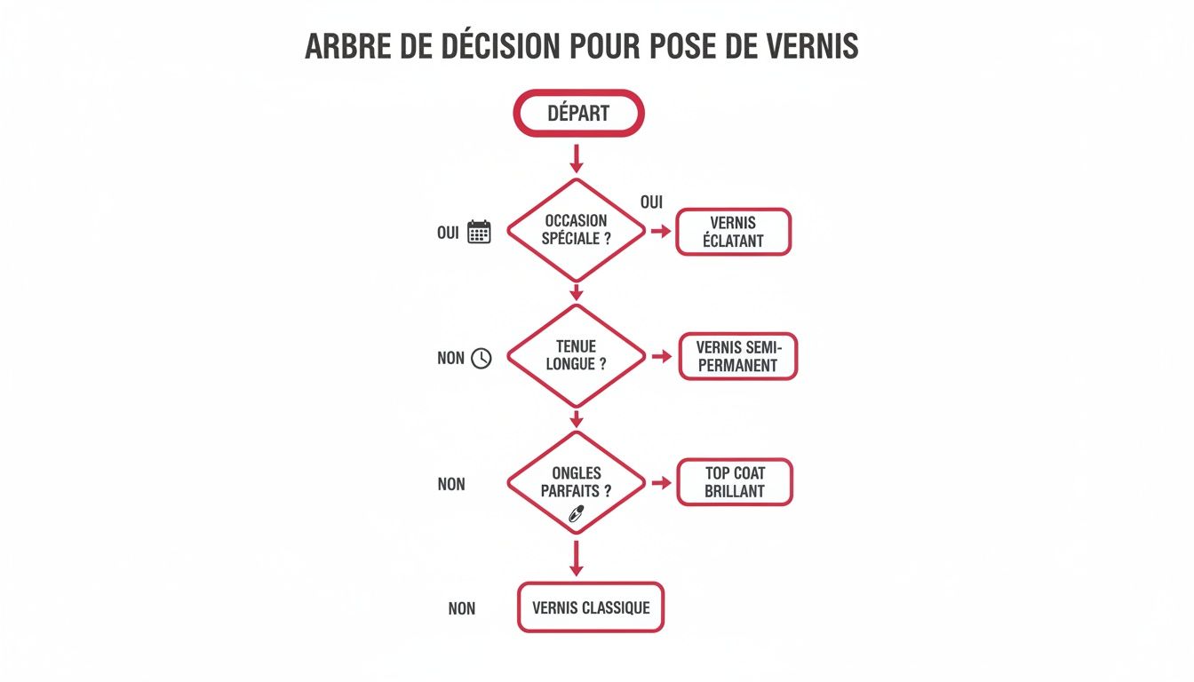 Arbre de décision illustrant les choix de vernis à ongles en fonction de l'occasion, la tenue et l'état des ongles.