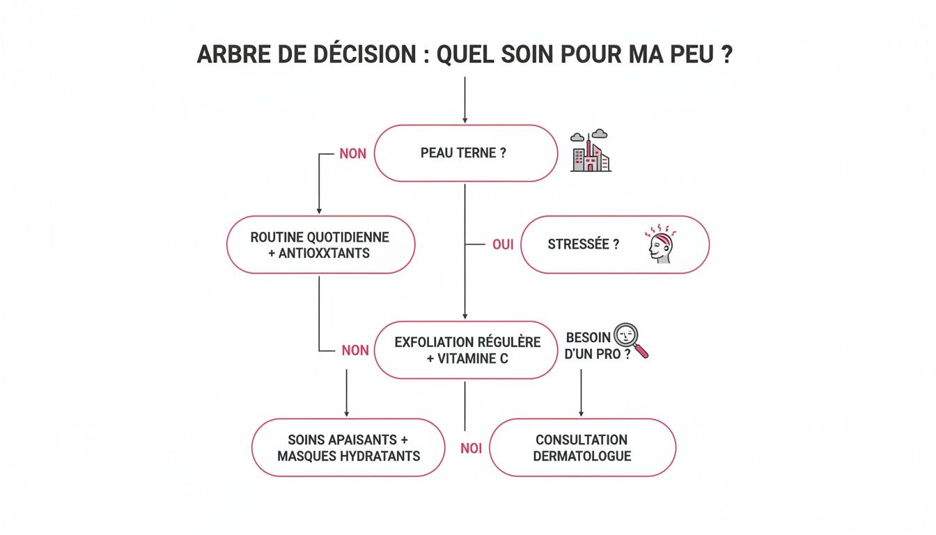 Arbre de décision pour choisir le soin adapté à votre type de peau, avec des questions et recommandations spécifiques.