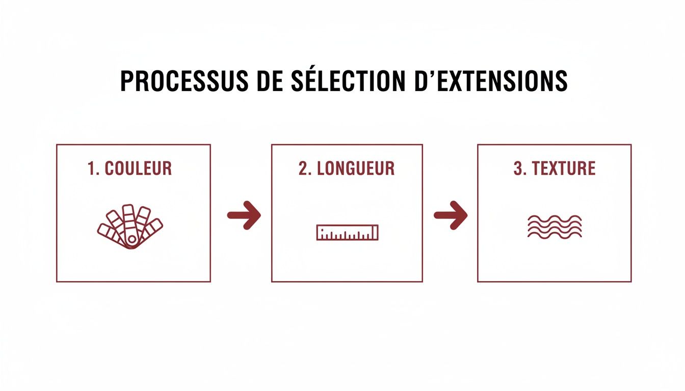 Infographie illustrant les étapes de sélection des extensions de cheveux: couleur, longueur et texture.