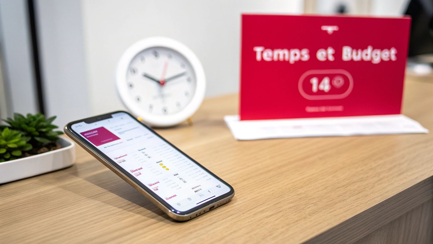 Un smartphone affichant une application sur un bureau en bois, avec une horloge, une plante et un panneau rouge.