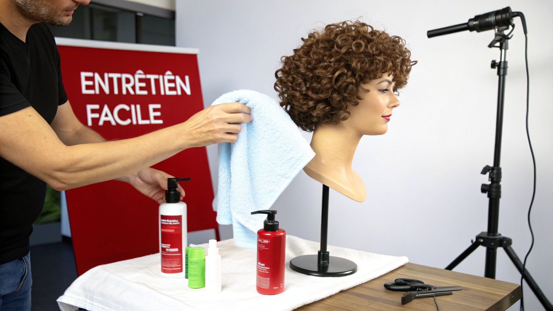 Une femme entretenant délicatement sa perruque bouclée courte